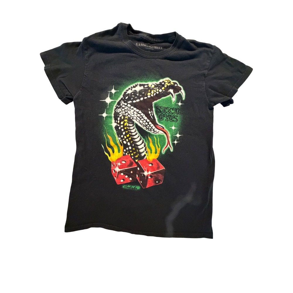 Samborghini Snake Eyes Flaming Dice Graphic T-Shirt Black Mens Small Streetwear